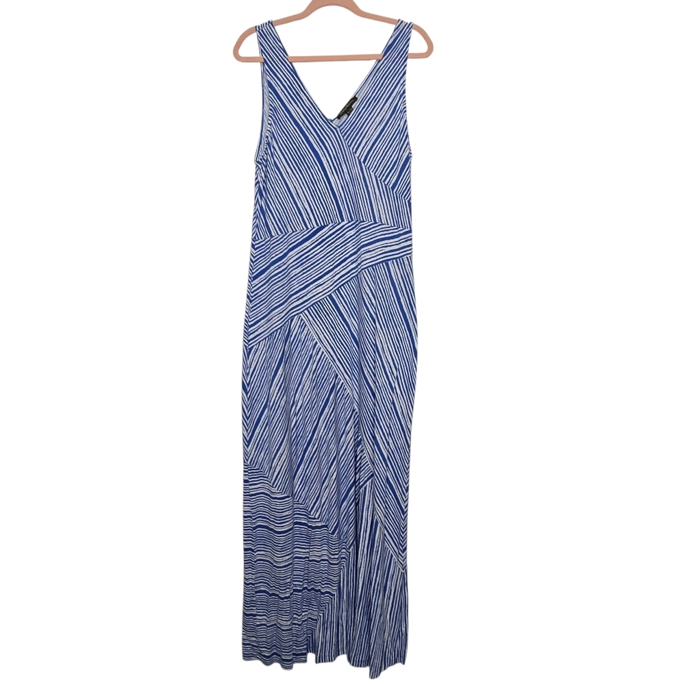 Sleeveless Blue & White Striped V-Neck Maxi Dress
